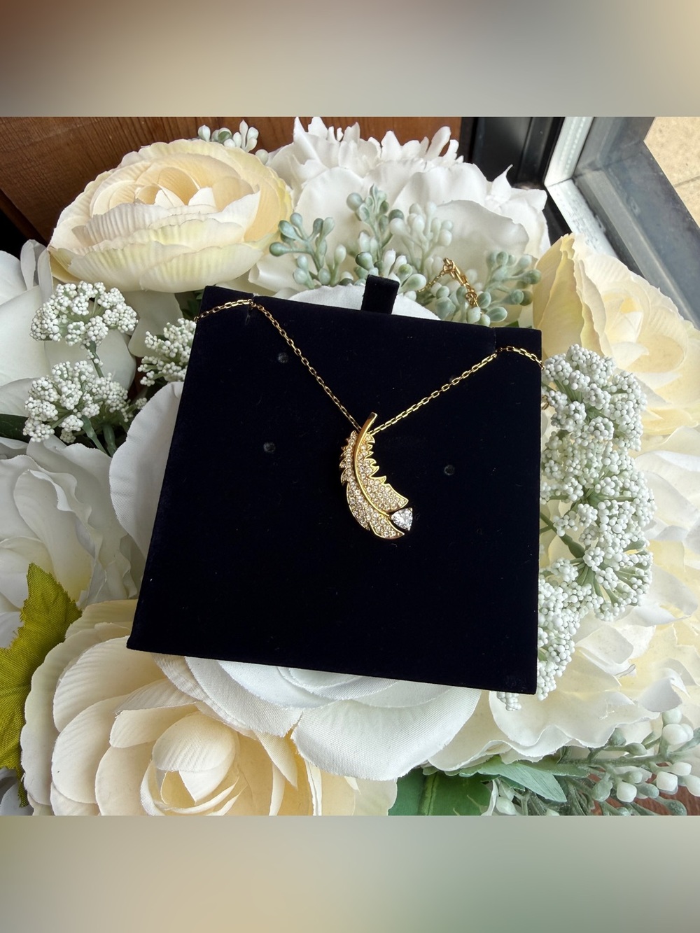 Swarovski Gold and Clear Crystal Feather Pendant Necklace 5505740